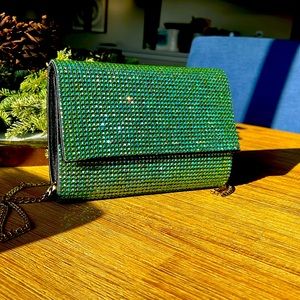 Olga Berg rhinestone green clutch with optional chain